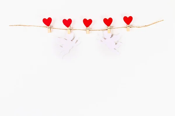 Valentine Day Layout Red Hearts White Cupid Wooden Clothespins Jute — Stock Photo, Image