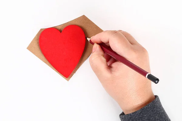 Red Handmade Diy Hearts Made Cardboard Yarn White Background Gift — Stock Photo, Image