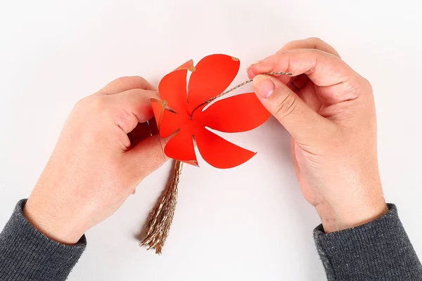 Rött Guld Handgjorda Diy Kinesiska Lantern Vit Bakgrund Gåvaidéer Koncept — Stockfoto