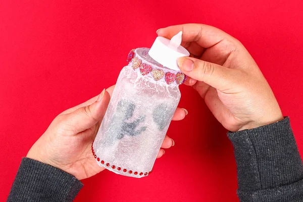 Diy Fairy Jar Auf Rotem Hintergrund Geschenkideen Dekoration Februar Valentinstag — Stockfoto