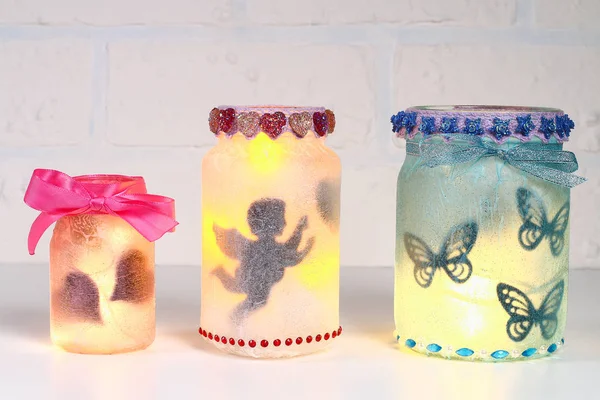 Diy Fairy Jar Фоне Стены Белого Кирпича Подарочные Идеи Декор — стоковое фото