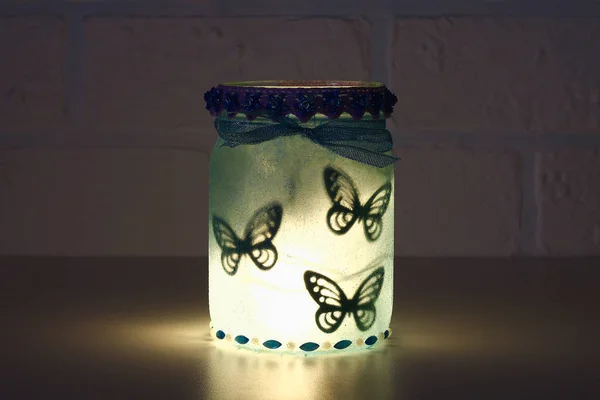 Diy Fairy Jar Фоне Стены Белого Кирпича Подарочные Идеи Декор — стоковое фото