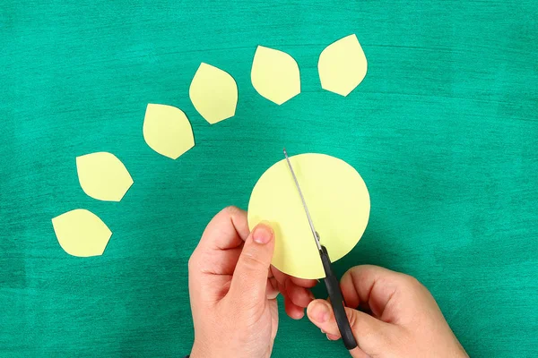 Diy Frühlingsblumen Narzissen Aus Gelbem Papier Auf Grünem Hintergrund Geschenkideen — Stockfoto