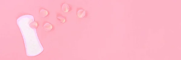 Banner Toallas Sanitarias Diarias Sobre Fondo Rosa Pastel Con Pétalos — Foto de Stock