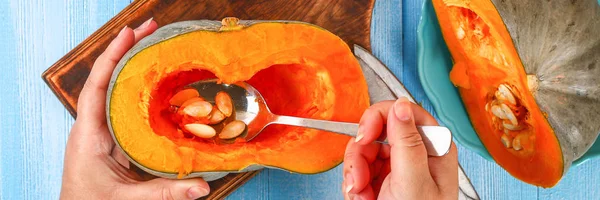 Proceso Para Cortar Trozos Calabaza Para Cocinar Sopa Calabaza Puré —  Fotos de Stock