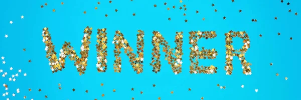 The word Winner is laid out of starry confetti on a blue background