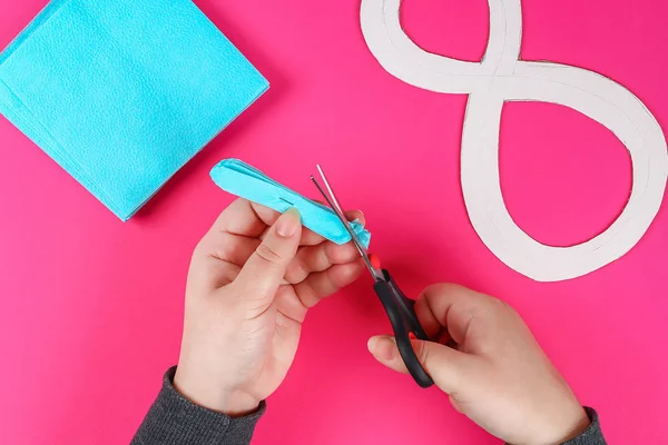 Diy Oito Feito Papelão Decorado Flor Artificial Feita Azul Tecido — Fotografia de Stock