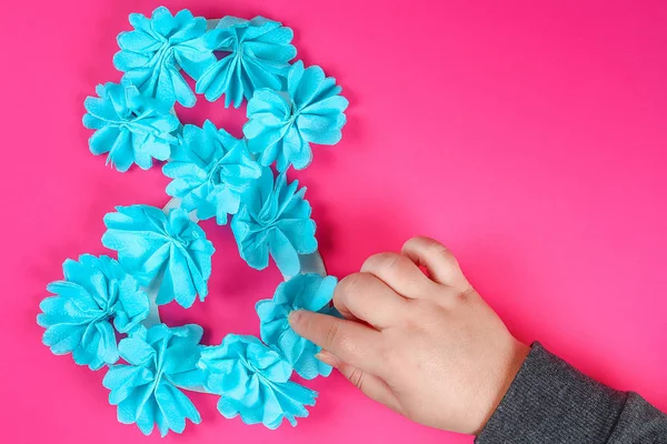 Diy Oito Feito Papelão Decorado Flor Artificial Feita Azul Tecido — Fotografia de Stock