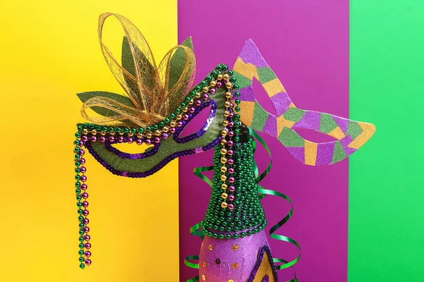 Diy Mardi Gras Flasche Lila Selbstklebendes Papier Grüne Perle Karnevalsmaske — Stockfoto