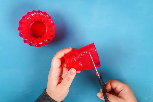 Diy Easter Egg Basket Made Red Plastic Cup Decorated Artificial — Stock Photo, Image