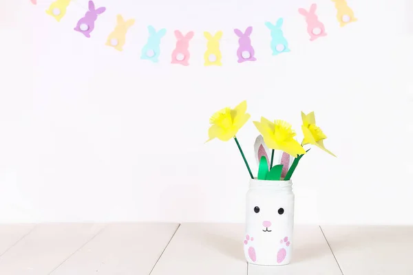 Diy Easter garland bunnies, flags EASTER made paper white wall background. Gift idea, decor Easter — Stock Photo, Image