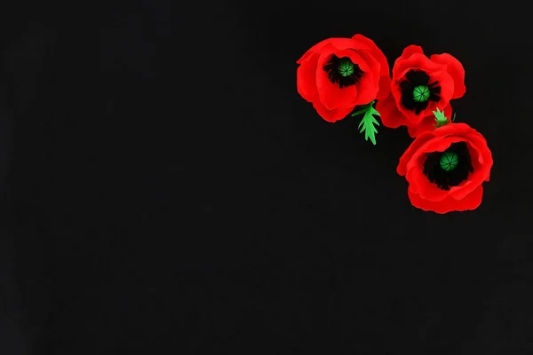 Diy paper red poppy Anzac Dia, Lembrança, Lembrar, Memorial day crepe paper on black background . — Fotografia de Stock