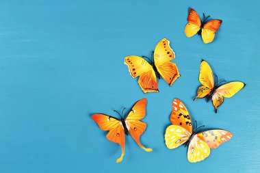 Mavi arka planda sarı ve turuncu kelebekler. Üst te. Yaz geçmişi. Düz yatıyordu.