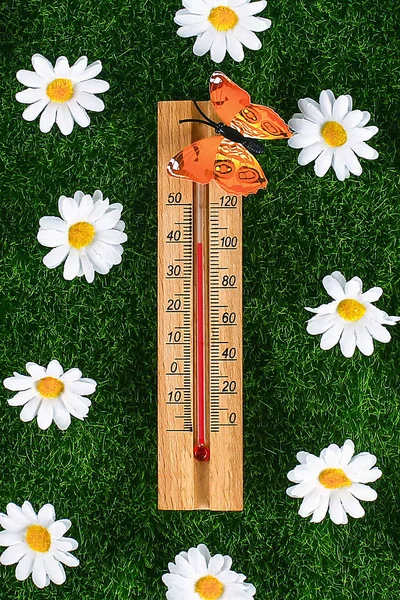 Termómetro que muestra altas temperaturas calientes de 40 grados en el sol el día de verano . — Foto de Stock