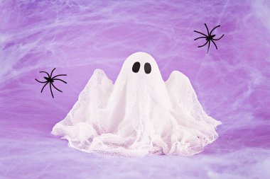 Cadılar Bayramı tatil konsepti. İki siyah örümcek ağı mor arka plan ile beyaz örümcek ağı. Diy hayalet