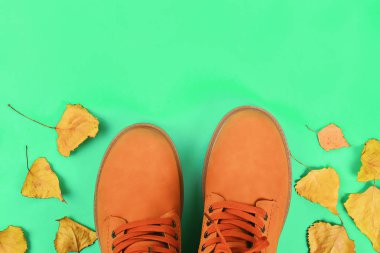Yeşil pastel arka plan turuncu kahverengi erkek sonbahar botları. Üst görünüm, kopyalama alanı.
