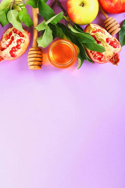 Rosh hashanah jewish New Year holiday concept. Traditional symbol. Apples, honey, pomegranate — Stock Photo, Image