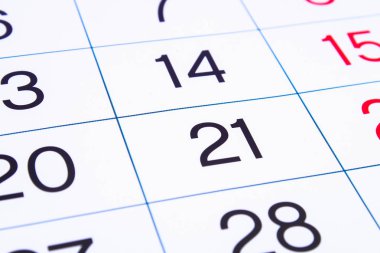 Takvim sayfası kapatın. Büyük sayılar. Takvim sayfası arka planı. 21 numara