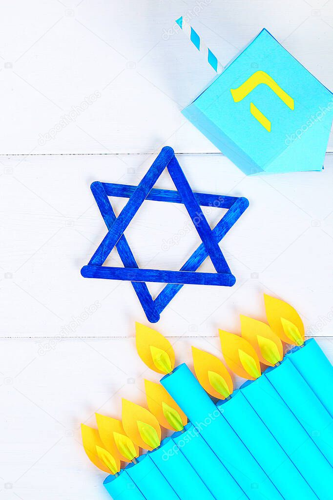 Menorah, dreidel, sevivon, the star of David. DIY for a child. Celebration of Chanukah.