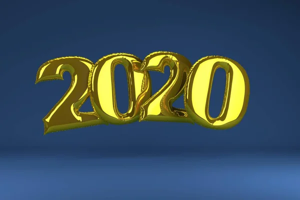 Gouden opblaasbare cijfers 2020 op blauwe achtergrond. Ballonnen. Nieuwjaar. 3d render, illustratie. — Stockfoto