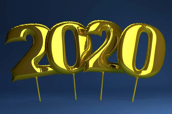 Números infláveis dourados 2020 no fundo azul. Balões. Ano Novo. 3d render, ilustração . — Fotografia de Stock