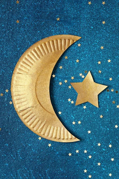 Ramadán Kareem Fondo Con Media Luna Oro Estrellas Tarjeta Felicitación —  Fotos de Stock