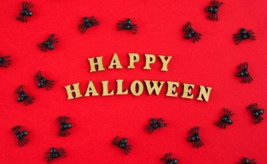 Cadılar Bayramı dekorasyon konsepti. Kırmızı arka planda örümceklerle Cadılar Bayramı. Düz konum, üst görünüm, kopyalama alanı