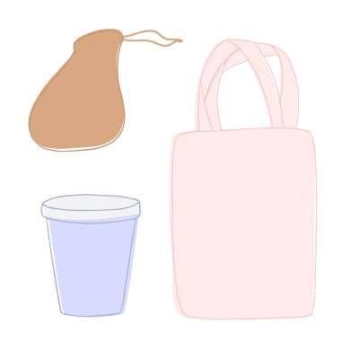 Elle çizilmiş vektör sıfır atık hayat unsurları. Eko Stil.