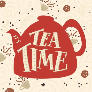 El etikel alıntı çay saati yazı ile çaydanlık siluet ile çekilmiş