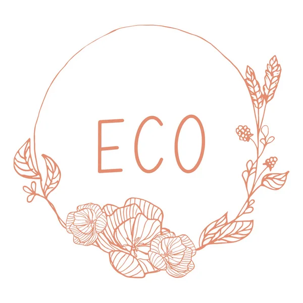 Eco produkten badge witn blommig ram. Ekologiska naturliga ingredienser produkten. Vektorillustration. — Stock vektor