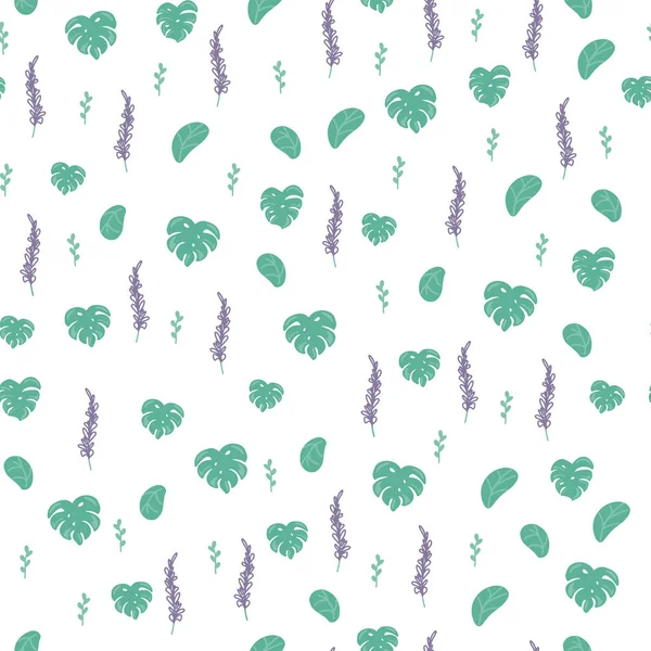 Modello di ripetizione senza soluzione di continuità con foglia di monstera e lavanda su sfondo bianco. Tessuto disegnato a mano, involucro regalo, design artistico della parete . — Vettoriale Stock