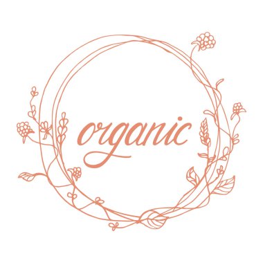 Organik ürün rozet witn çerçeve çiçek. Organik doğal maddeler ürün yeşil elle çizilmiş etiketle bırakır ve keneler