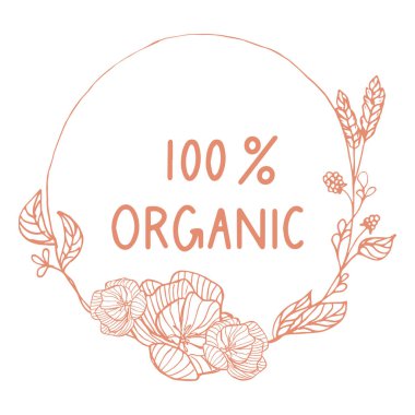 yaprakların yüzde 100 organik hat yazıt el çekilmiş çelenk ile. Organik doğal maddeler ürün. Doğa arka plan. Vektör çizim.