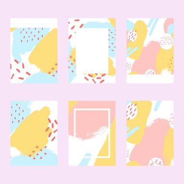 Pastel renklerle grubu şablonları kapsar. Memphis ve yenilikçi stil öğeleri. Posterlerini açmaları, broşürler, posterler, kapaklar ve afiş için geçerli.