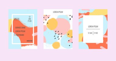 Çağdaş evrensel kart şablonları. Memphis ve yenilikçi stil öğeleri. Posterlerini açmaları, broşürler, posterler, kapaklar ve afiş için geçerli.