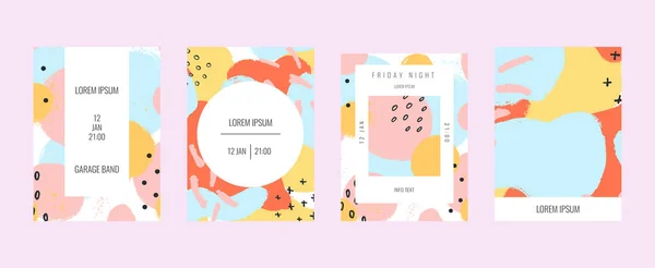 Şekiller ve karalamalar trendy pastel posterler. Memphis tarzı arka plan. Tasarım baskılar, posterler, kartlar, el ilanları.