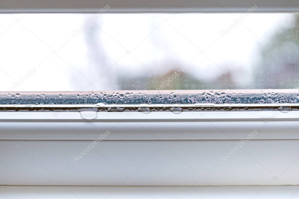 Condensation on glass closeup pvc windows double glazing