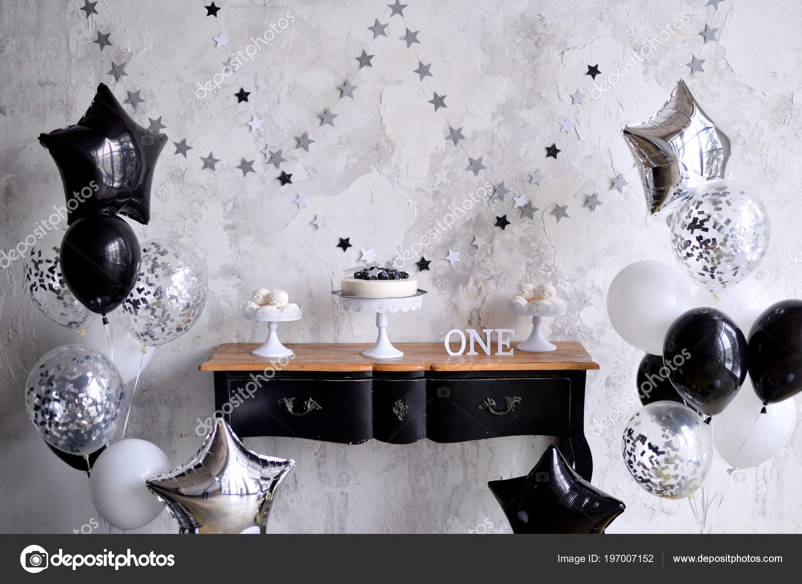 One Year Birthday Decorations Ides Black White Decorations Lot Balloons  Stock Photo by ©annikel 197007152