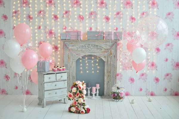 Decoraciones Para Fiesta Cumpleaños Muchos Globos Colores Rosa Blanco Las — Foto de Stock