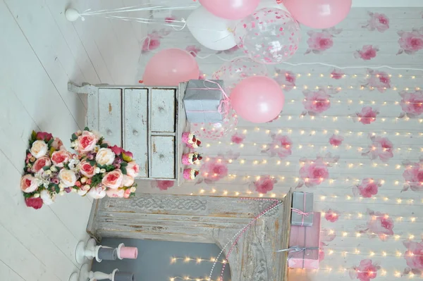 Décorations Pour Fête Anniversaire Beaucoup Ballons Roses Blancs Meilleures Décorations — Photo