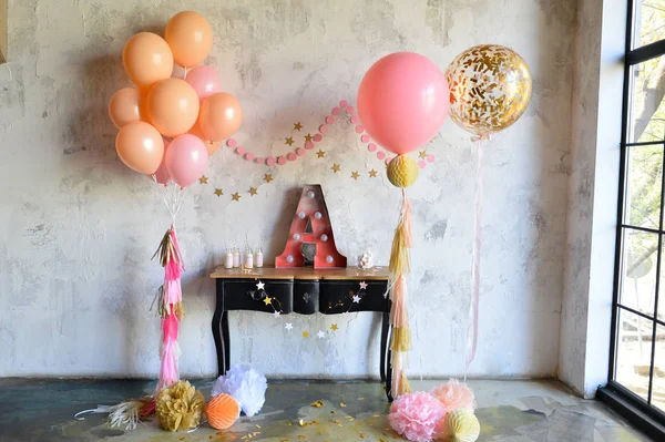 Decorations for holiday party. Birthday party decorations. A lot of balloons. Best decorations ideas.