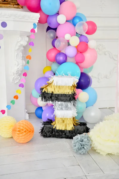 Decorations for holiday party. A lot of balloons. Birthday decorations ideas.