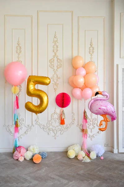 Decorations for holiday party. A lot of balloons. Birthday decorations ideas.