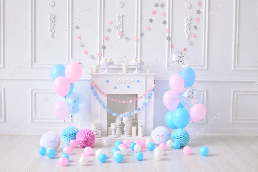 Birthday decorations ideas. Decorations for holiday party. A lot of balloons. Balloons blue and pink colors. 