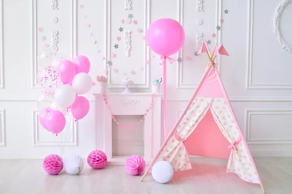 Girl Birthday Decorations Holiday Party Lot Balloons Pink White Colors — Stock Photo, Image