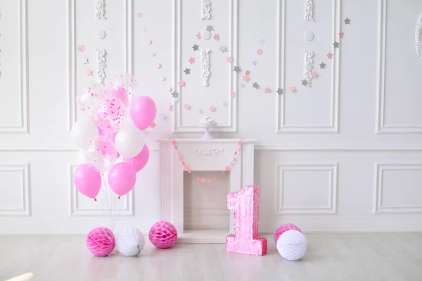 Girl Birthday Decorations Holiday Party Lot Balloons Pink White Colors — Stock Photo, Image