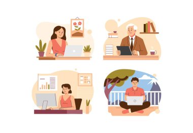 Teknoloji ve dizüstülerle uzaktan çalışan çeşitli insan grupları