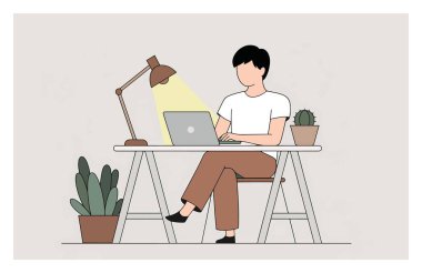 Ev bilgisayarında lamba ve bitki resimleriyle çalışan bir adam.