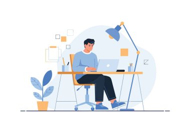 Modern ofis illüstrasyonunda dizüstü bilgisayarda çalışan bir adam.