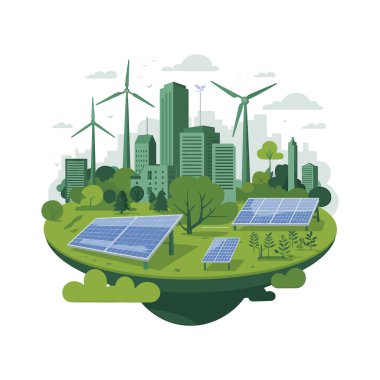 Güneş panelleri ve rüzgar türbinleri vektör illüstrasyonu ile sürdürülebilir şehir